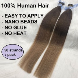 GOOFIT Nano Tip Hair Extensions Nano Beads Human Hair Remy Hair Nano Ring - 1g/s, 50s/pack - (18" T#2/12 Dark Brown to Light Brown)