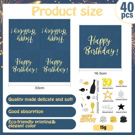 40 Pieces Blue Gold Birthday Napkins + 30th Birthday Confetti Gold Black 15g, 30th Happy Birthday Napkins Confetti Set Birthday Party Table Decorations