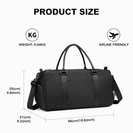Kono Travel Duffel Bag Sports Gym Shoulder Bag for Women Men Overnight Weekend Carry on Holdall Bag with Wet Pocket and Shoe Compartment(Black)