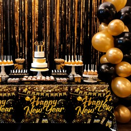 3 Tablecloths New Year's Eve Decoration 2025, 108 x 54 Inches Happy New Year Tablecloths 2025 New Year Tablecloths, Black and Gold Party Tablecloth for New Year Party Happy New Year Decoration 2025