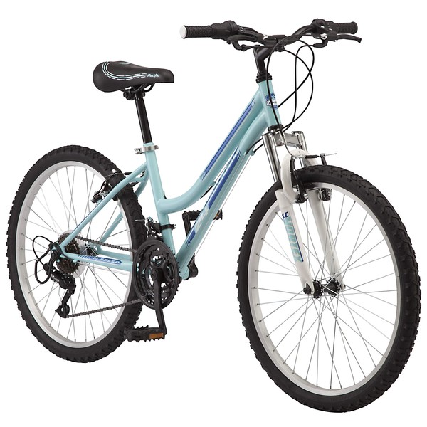 Pacific Mountain Sport Youth/Adult Hardtail Mountain Bike, Boys and Girls, 24-Inch Wheels, 18 Speed Twist Shifters, Front Suspension, Steel Frame, Light Blue