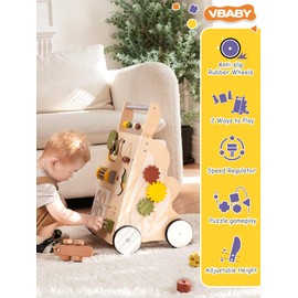 VBABY Wooden Baby Walker, Adjustable Speed Baby Push Walkers for Boys and Girls, Sit to Stand Baby Activity Walker Toys for 1 Year Old