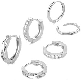3 Pairs Small Round Cubic Zirconia Earrings, Huggie Hoop Earrings Set, Lightweight Earrings for Women, 10mm, Brass, No Gemstone