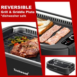 Techwood Indoor Grill Smokeless Grill, Electric Korean BBQ Grill with Glass Lid, Turbo Smoke Extractor Technology, Dishwasher-Safe Drip Tray & Nonstick Grilling Removable Plate, Black, 1500W