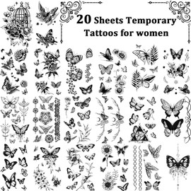 Cerlaza 20 Sheets Small Butterfly Temporary Tattoos for Women, 120 Styles Black Butterflies Tattoo Stickers Waterproof Long Lasting, Butterfly Themed Decorations for Girls Kids