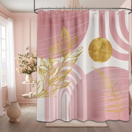 QGHOT QGHOT Blush Pink and Gold Shower Curtain Boho Mid Century Light Pink and White Shower Curtains for Bathroom Decor, Waterproof Cloth Fabric with Hooks, 70" W x 84" L