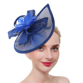 Bubbmi Lady Fascinators Pillbox Hat, Sinamay Headwear with Feather, Church Wedding Derby Cocktail Tea Party Headpiece for Women(C Royal Blue)
