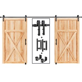 EaseLife 16 FT Double Sliding Barn Door Track and Handle Hardware Kit,Heavy Duty,Basic J Pulley,Slide Smoothly Quietly,Easy Install (16FT Track Kit for 44"~48" Wide Double Door)