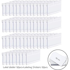 Baoswi Basket Labels Clip On,50PCS Clear Plastic Bin Clip Labels for Baskets,Wire Shelf Price Labels,Labels for Storage Bins,Merchandise Sign Display Holder,50PCS 6X4CM Label Inserts Included