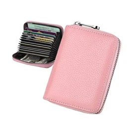 DEVENTORZ Credit Card Case, Card Holder, Large Capacity, Skimming Prevention, RFID Block, Genuine Leather, Men's, Women's, Slotted, Commuter Holder, Coin Case Compatible, Holds Up to 20 Cards, PINK