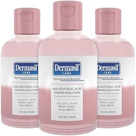 Dermasil AHA Glycolic Acid Toning Solution 3-Pack – Exfoliating Toner for Face with Rose Water, Witch Hazel, and Hyaluronic Acid, 4 Oz Ea