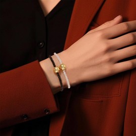 SHINUS BOHO Gold Statement String Beaded Strand Matching Forever Couple Bracelets for Women,Stackable Permanent Boho Beads Friendship Long distance Touch Jewelry Gift for Him Valentines Day