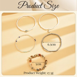 Auiremrti 5 Piece Pearl Anklet Set for Women, Adjustable Golden Boho Shell Anklet, Hawaiian Beach Shell Pearl Disc Starfish Shell Foot Jewellery