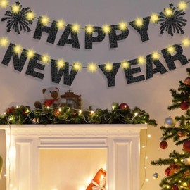 2024 Happy New Year Banner and Copper Wire Lights Black Glitter Happy New Year Banner Lights String for New Years Eve Party 2024 Happy New Year Party Decorations Home Indoor Outdoor Decor