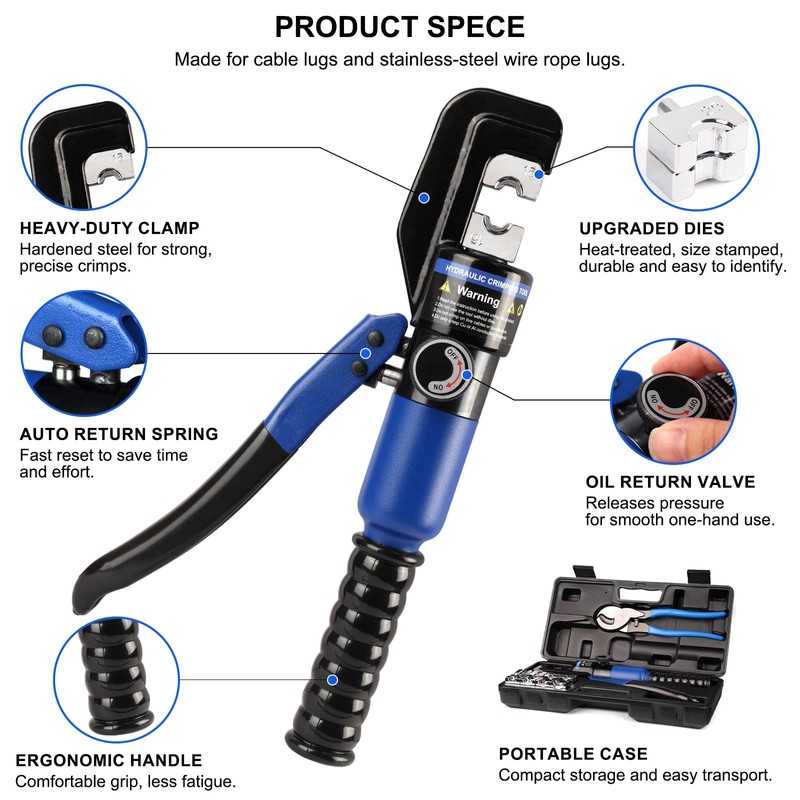 Solsop Hydraulic Crimping Tool 10 Ton with 9 Hex-Dies, 12–2/0
