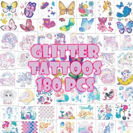 Tatuajes de unicornio de sirena con purpurina para niñas, 180 tatuajes de mariposa individualmente con purpurina temporal para niños, diseño precortad
