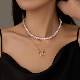 Risyfjew Dainty 18K Gold Pearl Necklace for Women with Butterfly Pendant Minimalist Pearl Layered Choker Necklace Jewelry Gift