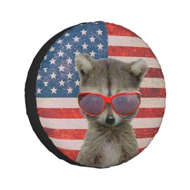 Funny Raccoon American Flag Spare Tire Cover Wheel Protector Weatherproof Wheel Cover Universal Decorative Accessories for Camper RV SUV Travel Trailer 15"