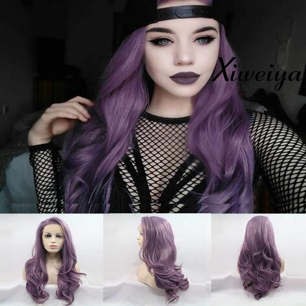 Xiweiya Mixed Purple Synthetic Wig Graceful Long Wavy Side Bang Lace Front Wig Hair-replacement wig Heat Resistant Fiber Natural Hairline Wig
