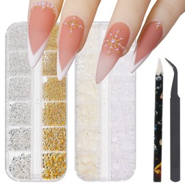 Nail Art Pearls for Nail Rhinestones Flatback Pearls gems Gold Silver White Pearl Nail Charms Half Round Nail Jewels for Nail Art Rhinestones Mixed Nail Art Supplies Decorations Accessories