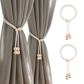 Mesbeslor Curtain Tiebacks Set of 2 – 19.7" White Cotton Linen Rope with Wooden Beads, No Drilling Required and Easy to Use, Minimalist Curtain Holdbacks for Home Décor