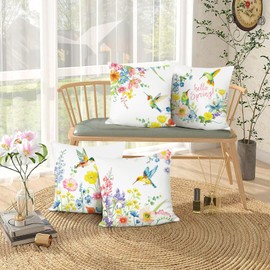 Bonhause Set of 4 Cushion Covers Spring Flowers 45 x 45 cm Colourful Flower Hummingbirds Decorative Cushion Covers for Sofa Bedroom Home Garden Decoration