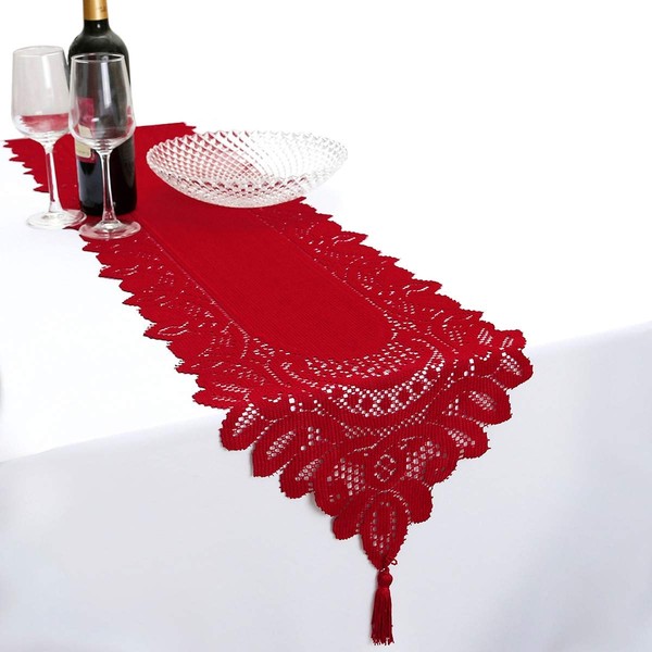 mookaitedecor 13x70 Inch Red Lace Table Runner for Wedding Festival Party Christmas Table Centrepiece Living Room Home Decor, Vintage Elegant Floral Dinner Table Runner with Tassels