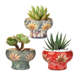 Sungmor Set of 3 Beautiful Handicrafts Ceramic Planters - 4.9 Inch Small Succulent Flower Pots with Drainage - Pretty Desktop Windowsill Landscape Flowerpot - Home & Office Decor Pots