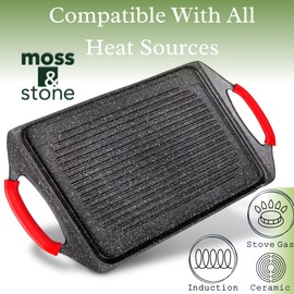 Moss & Stone Griddle Aluminum Bbq, 18x10.5 Rectangle Grill Pan for Indoor Cooking, Non-stick Flat Top Griddle Pan for Stove, For Fish Vegetables & As Steak Pan, StoveTop Induction Grill