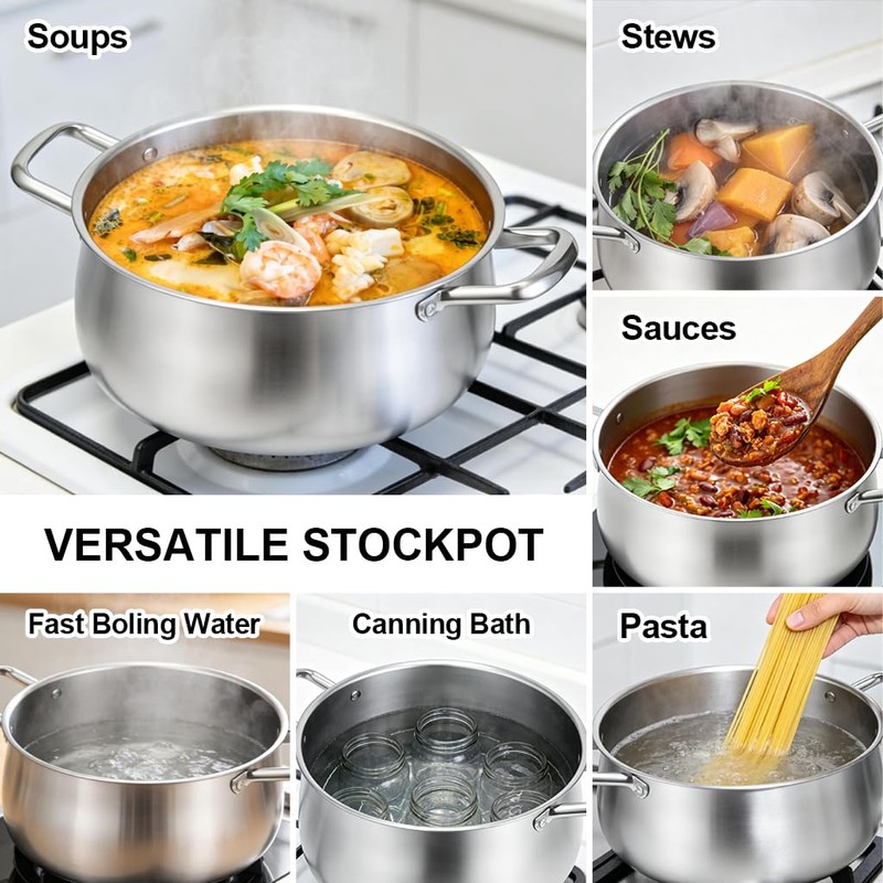 Tifanso 8QT Tri-Ply Stainless Steel Induction Stock Pot with Lid