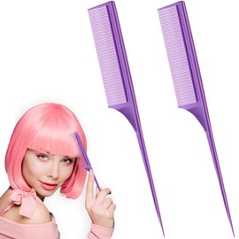 Leinuosen 2 Pack 9 Inch Rat Tail Comb for Women Fine Tooth Parting Comb Carbon Fiber Heat Resistant Teasing with Plastic Pick Hair Styling Thin Lightweight for Women Men(Purple)