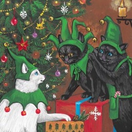 4x4 PRINT OF PAINTING RYTA WHITE BLACK CAT ART ELF SANTA CLAUS Christmas Gift 🎄