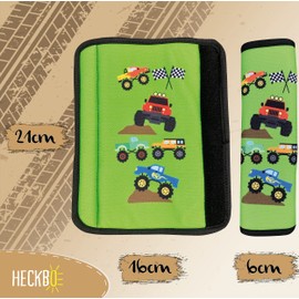 HECKBO 2 x Children's Car Seat Belt Pads with Monster Truck Motif, Seat Belt Pad for Children and Babies, Ideal for Any Strap, Car Seat Raisers, Children's Bicycle Trailer, Aeroplane Boys