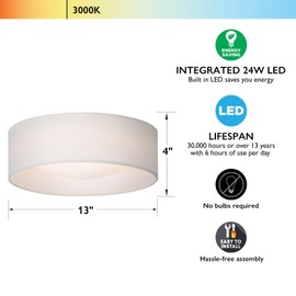 CALOKES 13" White Fabric Flush Mount Ceiling Light, 24W 3000K LED Closed to Ceiling Light Fixture with Classic Linen Drum Design for Bedrooms, Kitchen, Dining Room, Hallway