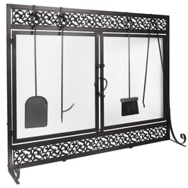 LCyindu Metal Fireplace Screen Scrollwork - 39 x 31 Inches, Double Doors, Baby-Safe Spark Guard, Wood Burning Stove Accessories, and Decorative Design