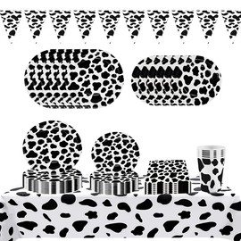 ZOOMPIL Cow Print Party Tableware Set, Farm Party Tableware Set, 82 Pieces Cow Print Party Supplies, Cow Plates Cups Napkins Tablecloth, Serves 20 Guests