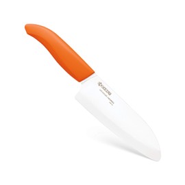 Kyocera’s Revolution Series 5.5” Ceramic Santoku Knife, Chef Knife For Your Cooking Needs, Orange Handle, White Blade