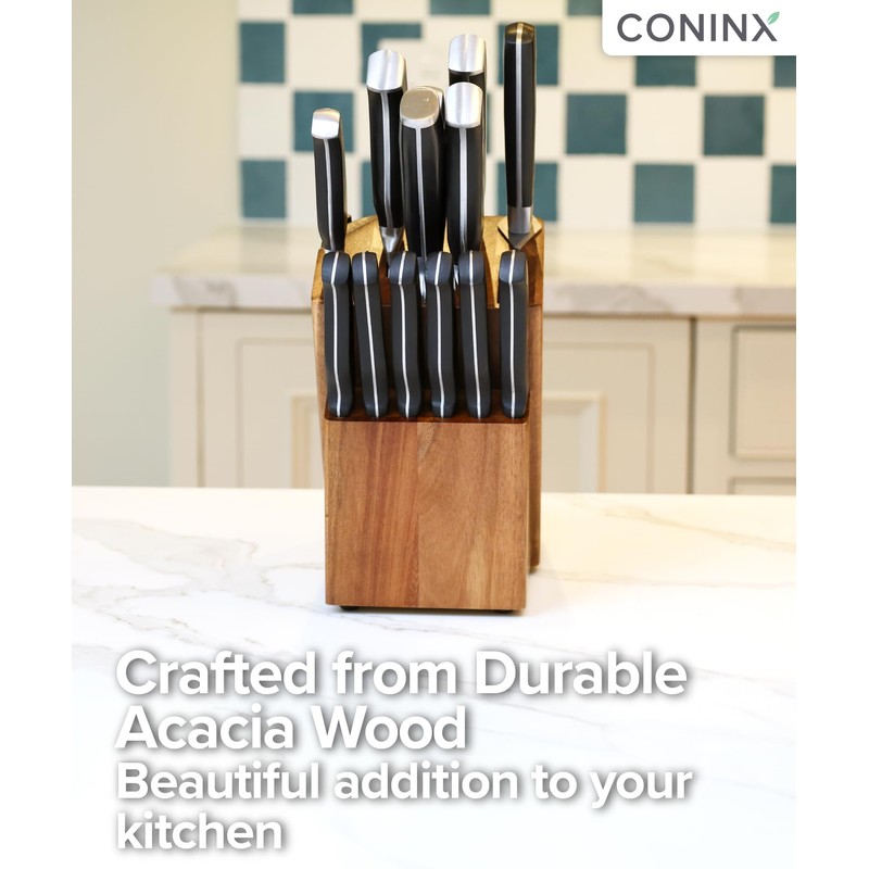 Coninx Universal Knife Block with Built-In Sharpener – 15-Slot Acacia