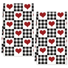 FYSUIMU Valentine's Day Kitchen Dish Towel Buffalo Plaids Red Love Heart Gray White and Black Color Dishcloth 18 x 28 Inch Hand Drying Tea Towel for Wedding Anniversary Cooking Baking, 2Pcs