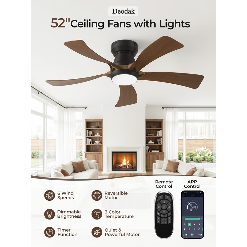 52 Inch Flush Mount Ceiling Fan with Lights, APP Control,
