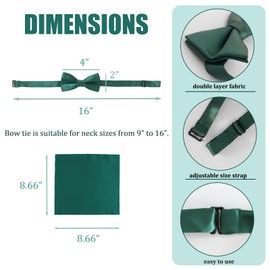 Chanseen Dark Green Bow Tie and Pocket Square for Boys Kids Pre Tied Adjustable Bowtie Handkerchief Set for Wedding St. Patrick’s Day Graduation Formal Dress Accessories
