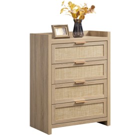 SICOTAS Dresser for Bedroom Chest of Drawers Tall Dresser with 4 Rattan Drawers Dresser for Closet Boho Clothes Storage Large Nightstand Sets for Living Room Hallway Nursery Entryway - Light Oak
