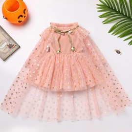 IDOPIP Toddler Girls Velvet Romper Dress with Cloak Cape Outfit Princess Star Glitters Tulle Dress Winter Christmas Party Dress Formal Pageant Dress 2PCS Birthday Cosplay Dress Pink 2-3 Years