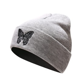 IHAUIUE Butterfly Embroidered Cuffed Beanie Hat Graphic Knitted Skull Cap Double Layer Winter Watch Hats for Women, Men, Grey, One Size-Large