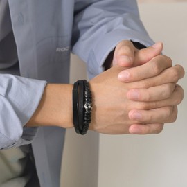 MONIYA Genuine Leather Bracelet for Men Stainless Steel Football Charms Bracelet Braided Leather Mens Bracelet Bangle Wristband