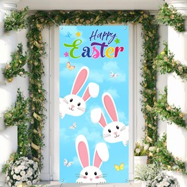 Easter Happy Door Cover, Easter Door Set Decorative Logo, Cute Rabbit Door Set, Spring Easter porch outdoor indoor party background decoration banner (29.5X71 inches)