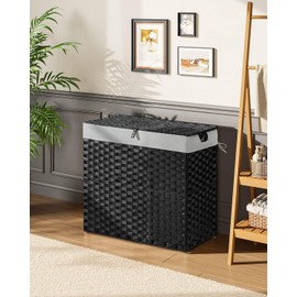 Greenstell Laundry Hamper with lid, No Install Needed, 130L Wicker Laundry Baskets Foldable 2 Removable Liner Bags, 2 Section Clothes Hamper Handwoven Rattan Laundry Basket with Handles, Black