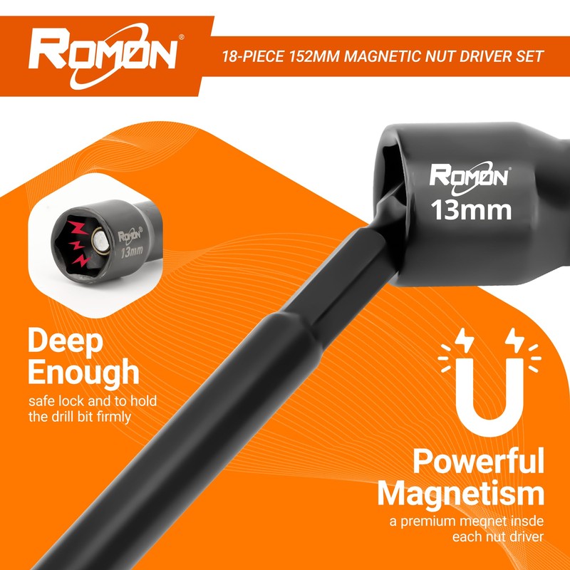 18-Piece Long Magnetic Nut Driver Set for Impact Drill, SAE