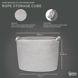 Parker Baby Rope Storage Cube Bin - 11 Inch Nursery Cubby Storage Bin Cubes for Cube Organizer, Closet Organizers and Storage Toy Bin, Rope Baskets Bins for Toys Storage - Gray