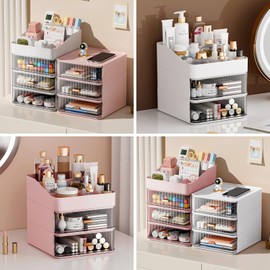 DASITON 6 Slots Makeup Brush Holder,Makeup Organizer,Makeup Brush Holder with 2 Drawers,Divided Makeup and Makeup Storage Holder,for Cosmetics(Pink-F1)